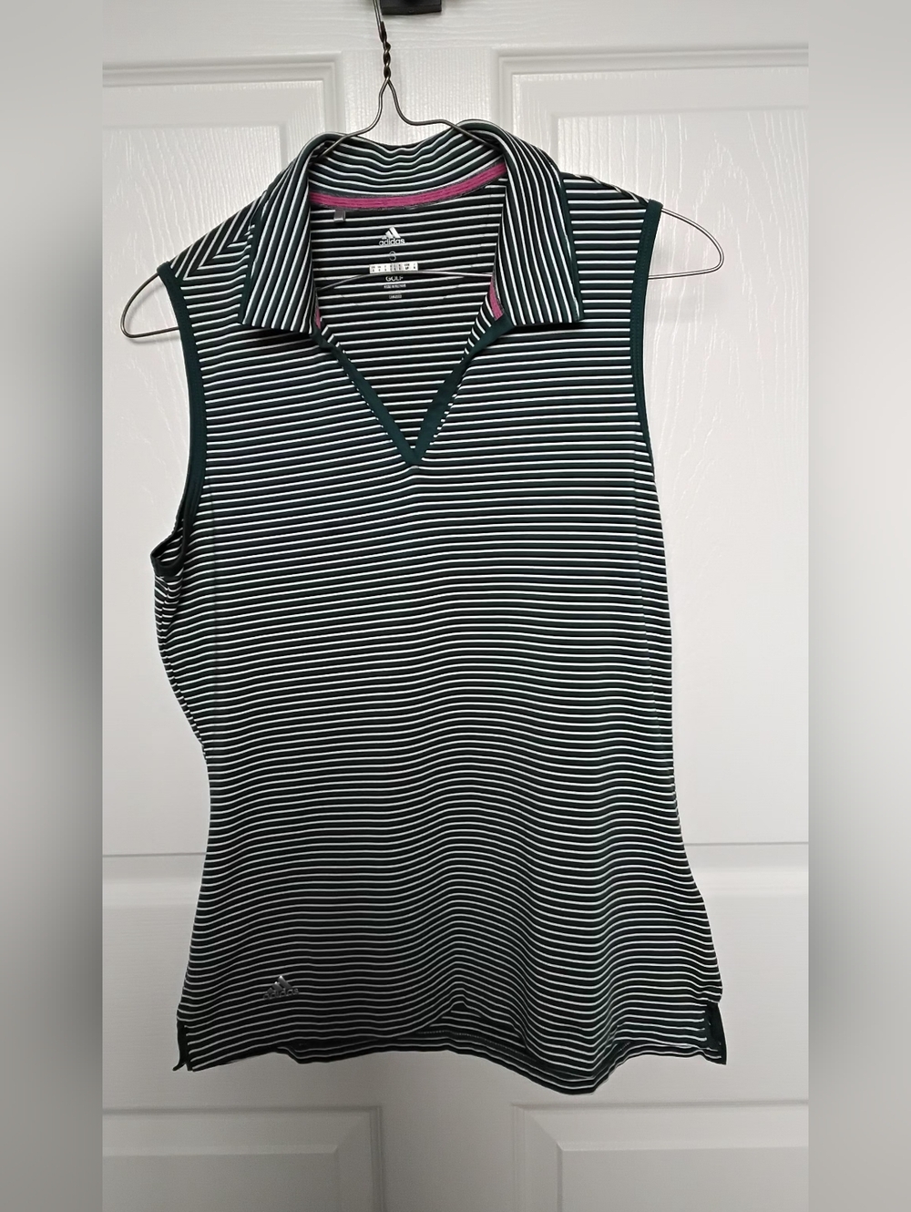adidas Women's Sleeveless Striped GOLF Tank - Dark Green/White with Pink Trim
